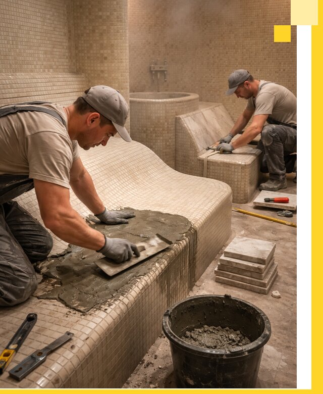 Лежаки для хамама под ключ в Великом Новгороде, проект и монтаж